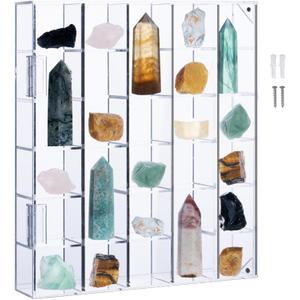 30 Grid Adjustable Clear Acrylic Rock Display Case with Lid for Arrowheads & Rocks, Wall Mounted or Desktop Acrylic Rock Collection Box for Mineral Crystal, Stones