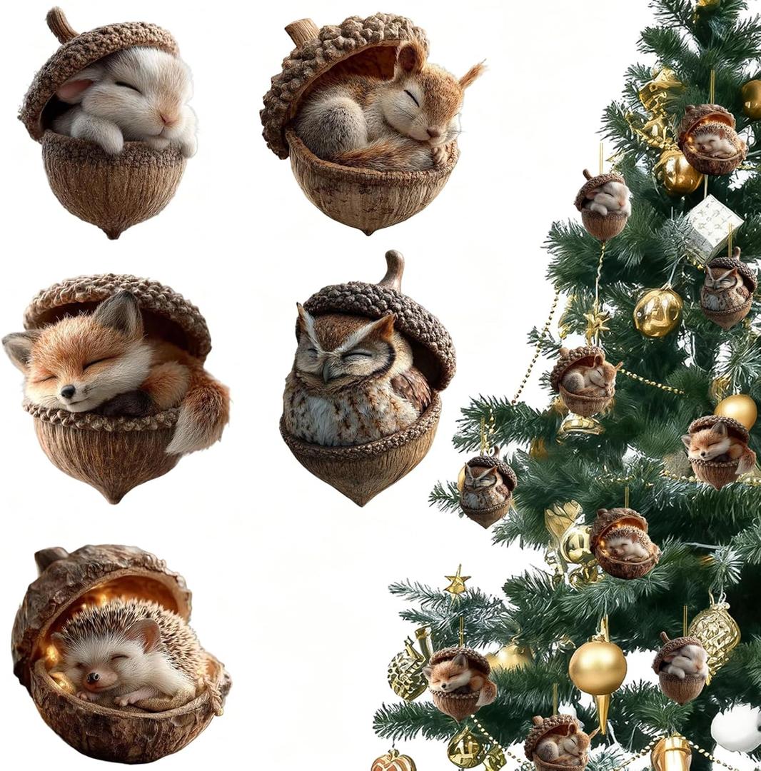 Christmas Tree Decoration,5Pcs Cute Animals Christmas Tree Acrylic Pendant, Fun Pinecone Xmas Hat Xmas Tree Accessories Christmas Pendants Hanging,Owl Rabbit Fox Christmas Ornament (P11)