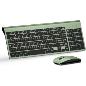 Wireless Keyboard and Mouse Ultra Slim Combo, TopMate 2.4G Silent Compact USB 2400DPI Mouse and Scissor Switch Keyboard Set with Cover, Batteries Included, for PC/Laptop/Windows/Mac - Green Black