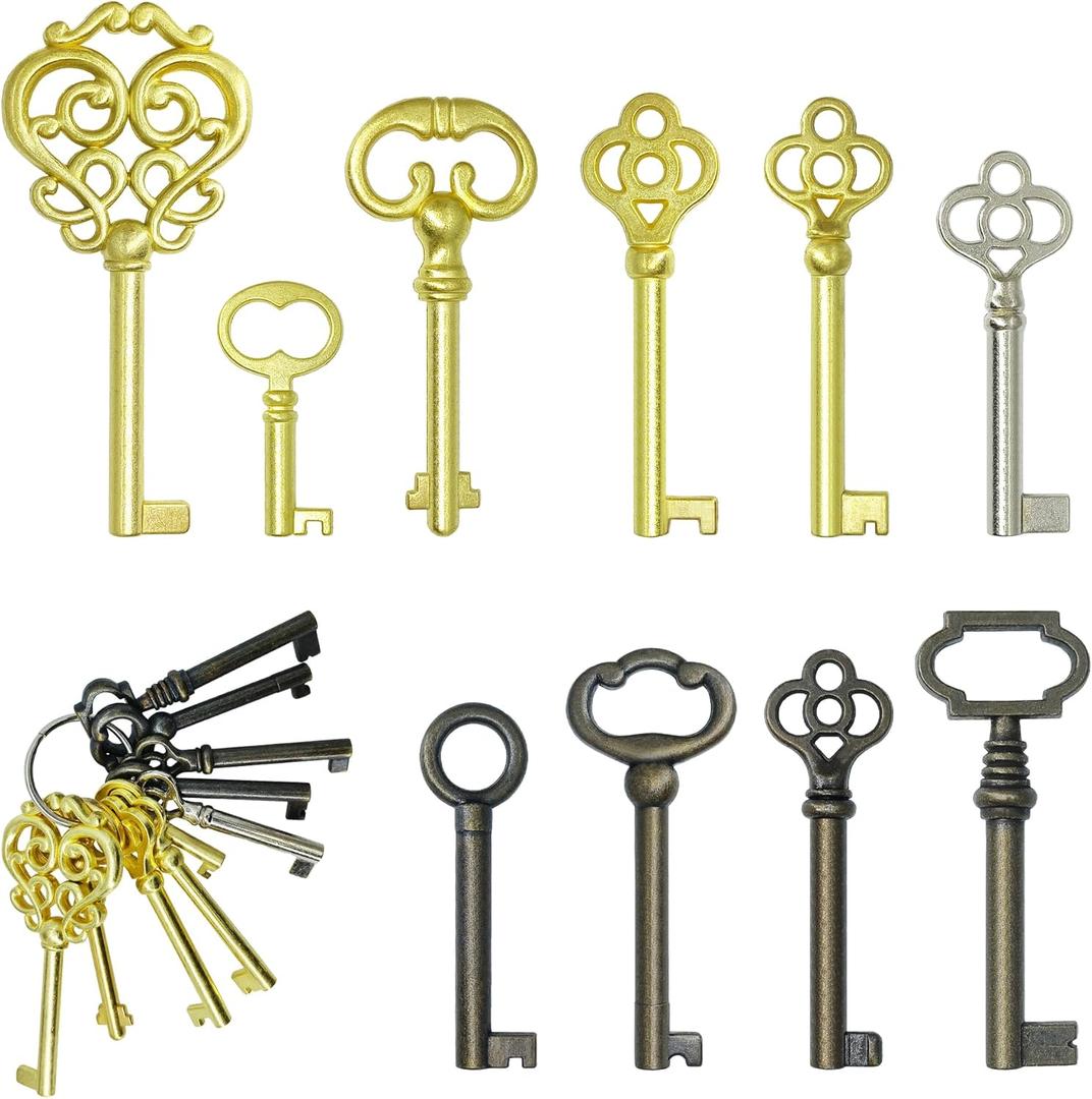 Universal Skeleton Key Set - Skeleton Keys for Old Doors and Antique Furnitures, Curio Cabinets, Secretary Desks, Pirate Treasure Chest Accessories, Halloween Vintage Decorations (10 Keys)