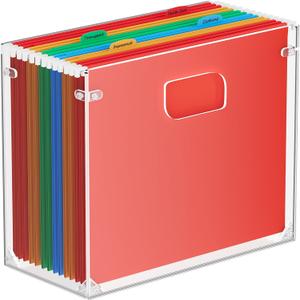 MaxGear Hanging File Organizer Box, Acrylic Filing Folder Organizer for Letter Size, Portable Desktop Box with Handles, Clear File Crate Storage Boxes for Office Home