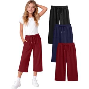 3 Pack Girls' Capri School Pants | Straight Leg, Athletic, Casual, Cropped Sweatpants, with Pockets, Summer, Loose, Back to School, Joggers, for Girls 5-14Y