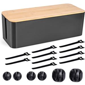 Cable Management Box - Wooden Style Large Cord Organizer to Hide Wires & Power Strips | Desk Computer Cable Organizer | Safe ABS Material | 16" (L) x 6.2" (W) 5.3" (H) | for Home & Office - Black