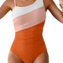 One Shoulder One Piece Swimsuit for Women Tummy Control Bathing Suits Color Block Ruched Swim Suit Slimming Swimwear, Size L