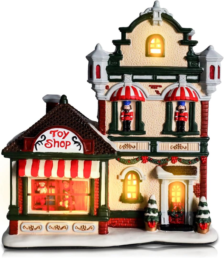 Aircity Christmas Ceramic Village House with LED Light, Handcrafted Holiday Decor for Tabletop and Desk, Shop Theme for Home Dcor
