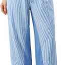 TARSE Womens Linen Palazzo Pants Striped Wide Leg Casual Capri Pant Drawstring Summer Harem Pants with Pockets (L)