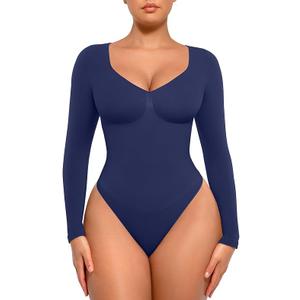 FeelinGirl Long Sleeve Shapewear Bodysuit for Tummy Control V Neck Slimming Body Suits Thong Navy Blue XXL