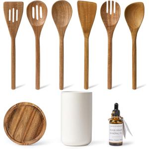 Kitchen Utensil Set, 8 pcs Wooden Cooking Utensils Spatula Set with Ceramic Holder (White Holder) Kitchen Utensil Set, 8 pcs Wooden Cooking Utensils Spatula Set with Ceramic Holder (White Holder)