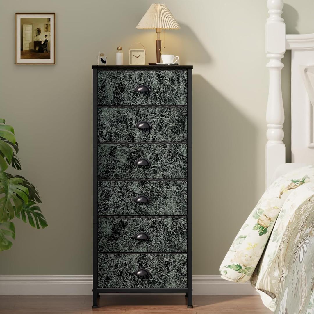 Furnulem Vertical Dresser for Bedroom,Tall Storage Tower Unit and Chest with 6 Drawers,Vintage Green Nightstand Furniture with Fabric Drawer Organizer in Dorm, Living Room,Closet,Entryway,Hallyway
