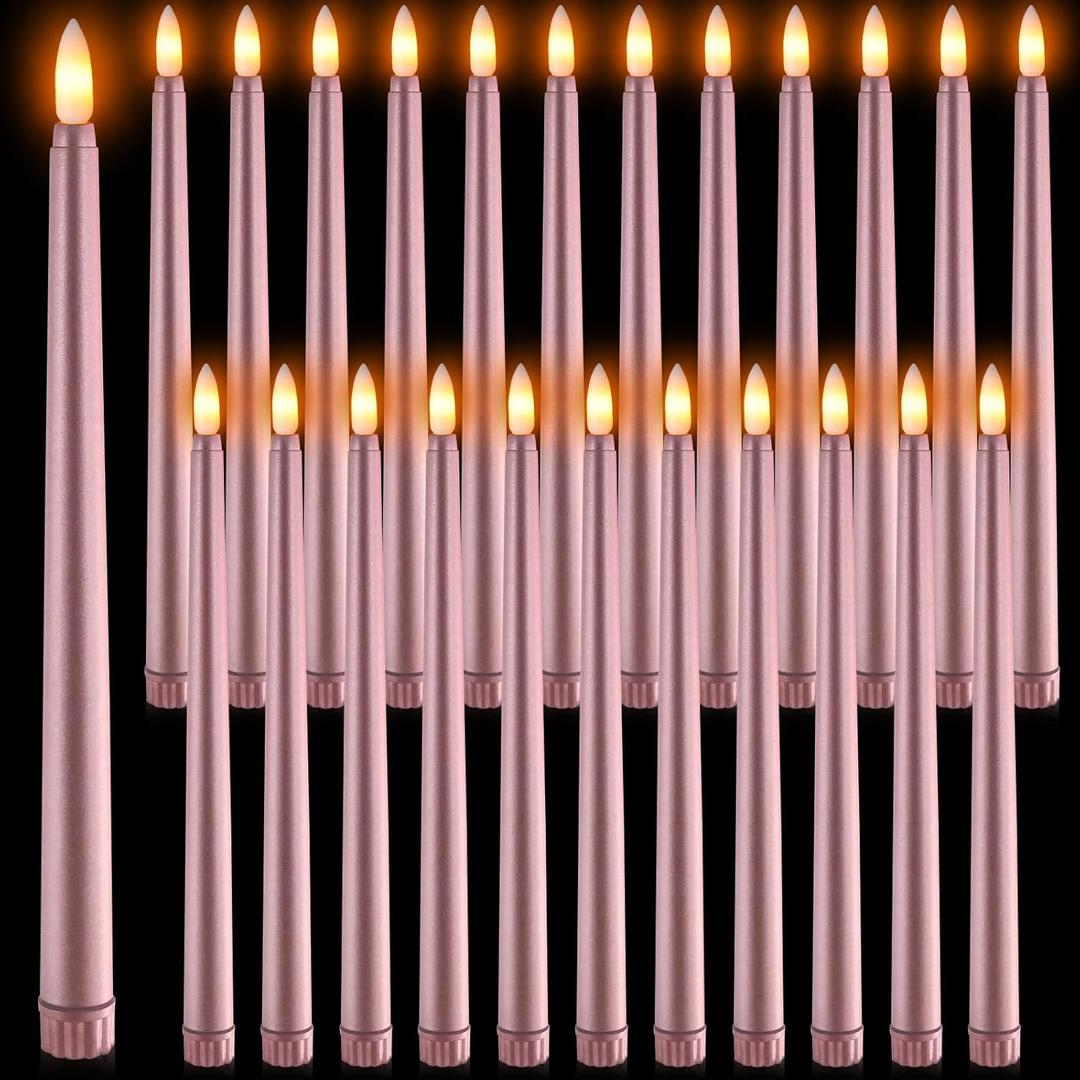 Macarrie 24 Packs Flameless Taper Candles Battery Operated Fake 11 Inch Long Candle Light LED Flameless Candlesticks Flickering Tapered for Wedding, Halloween, Christmas (Rose Gold)