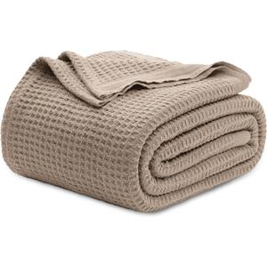 Bedsure 100% Cotton Blanket Queen Size for Bed - Breathable and Soft, Waffle Weave Blanket for Summer Spring, Tan, 90x90 Inches