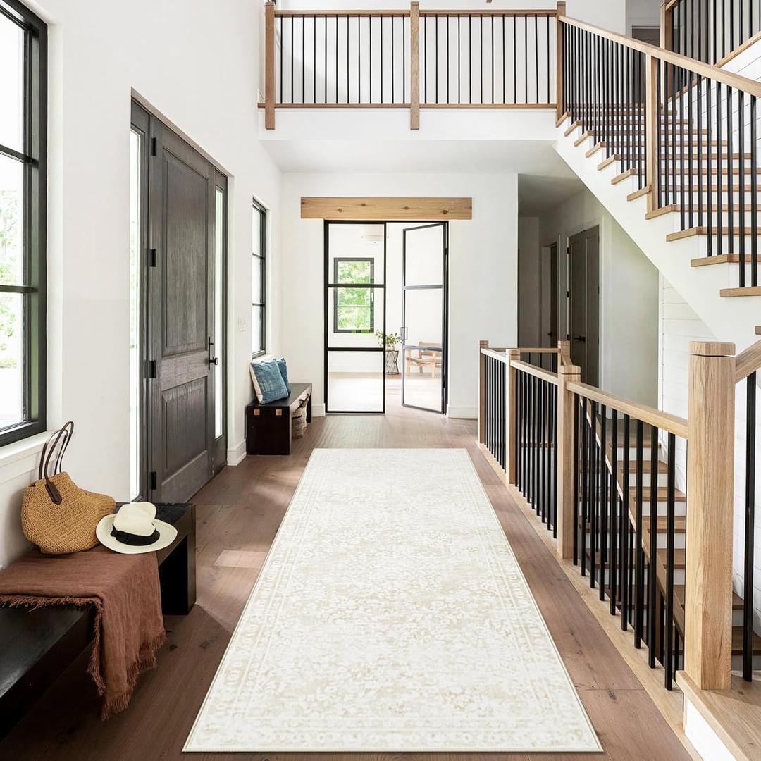 Runner Rug 2x6 Entryway Rug - Machine Washable Vintage Boho Area Rug Non-Slip Kitchen Runner Soft Stain Resistant Floral Runners for Hallways Entryway Laundry Bathroom Bedroom(Cream Beige, 2'x6')
