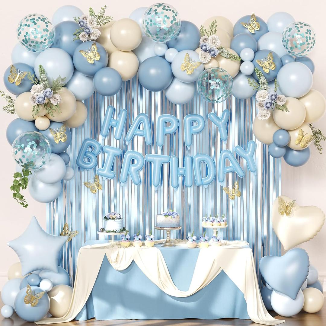 Blue Birthday Decorations, Dusty blue Sand White Confetti Foil Balloons Happy Birthday Banner Gold Butterfly Fringe Curtains, Light Blue Birthday Decorations for Boys Girls Women Men