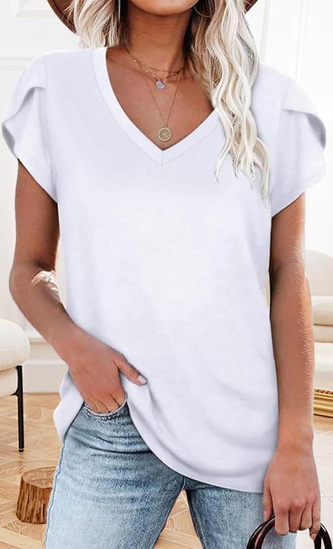 Womens Tops V Neck Summer Petal Sleeve Casual Tshirts