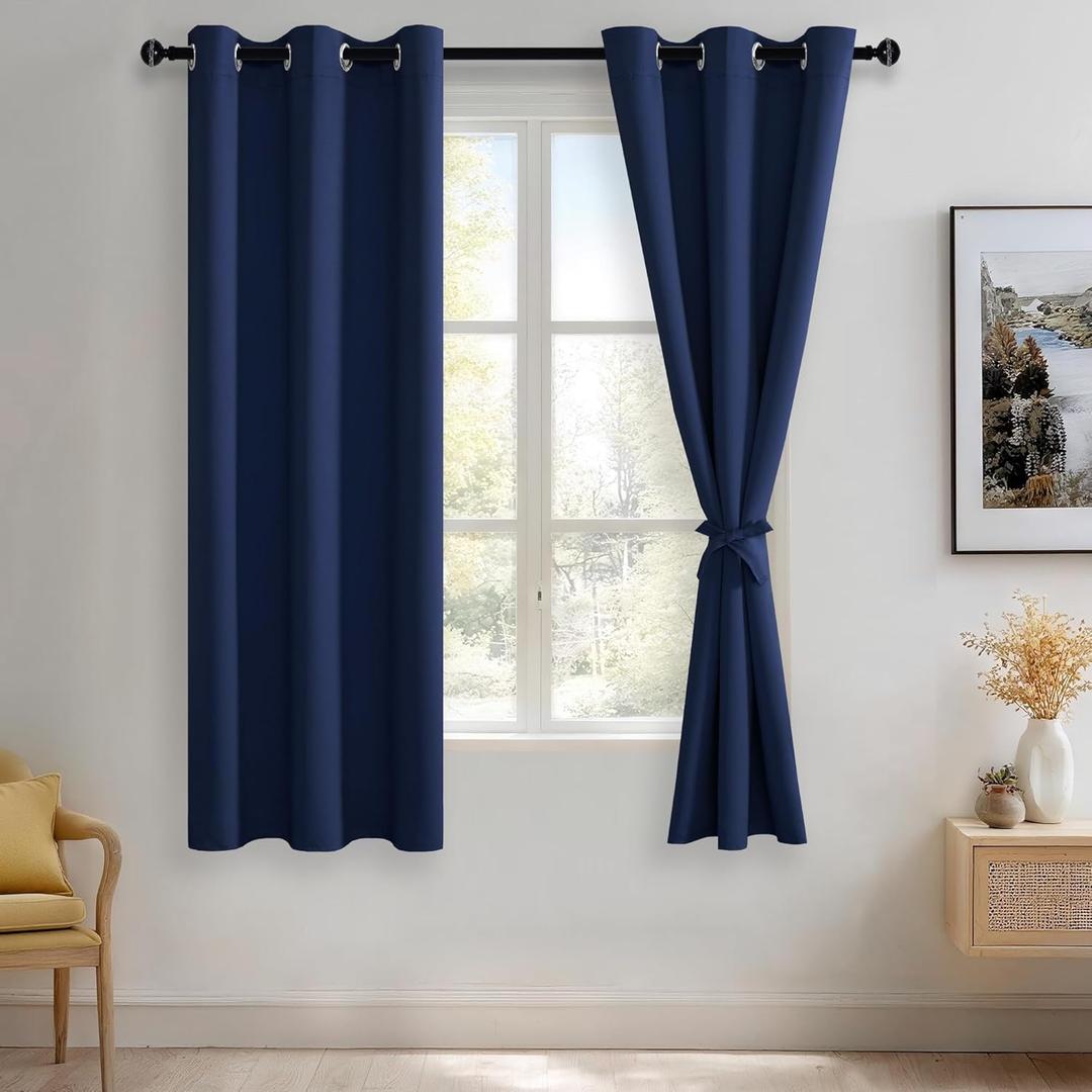 JIUZHEN Blackout Curtains with Tiebacks - Thermal Insulated, Light Blocking and Noise Reducing Grommet Curtain Drapes for Bedroom and Living Room, Set of 2 Panels, 42 x 63 Inch Length, Navy Blue