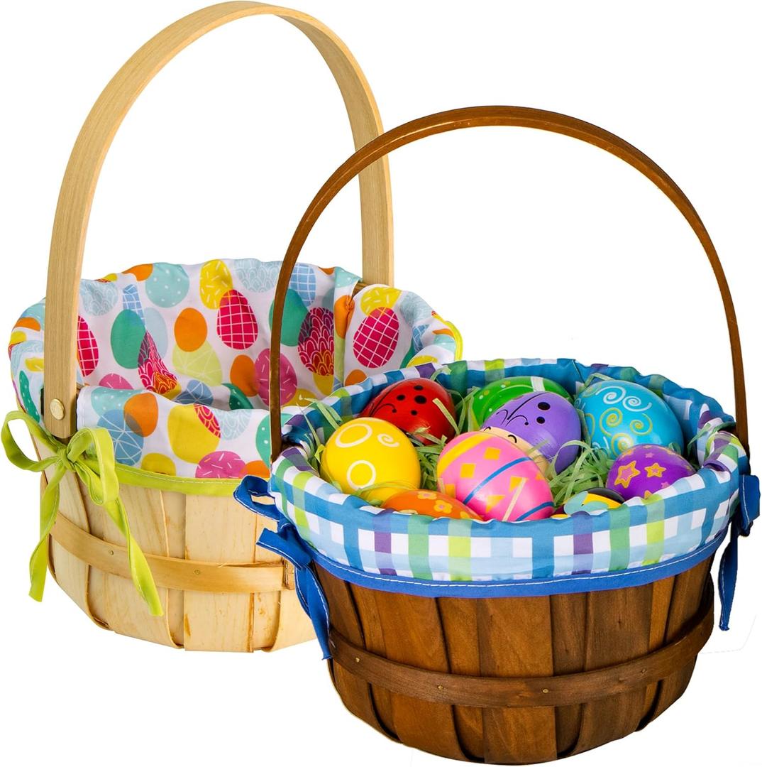 JOYIN 2 Pcs Easter Natural Woven Woodchip Basket with Lining, Easter Wicker Wooden Eggs Basket with Handle for Picnic, Gift Packing, Storage and Decor