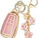 Pink TPU Key Fob Cover with Sakura Flower Keychain Compatible with Toyota Highlander RAV4 Camry Avalon C-HR GT86 Prius Prius Prime Prado 4Runner 4-Button Smart Key for Women