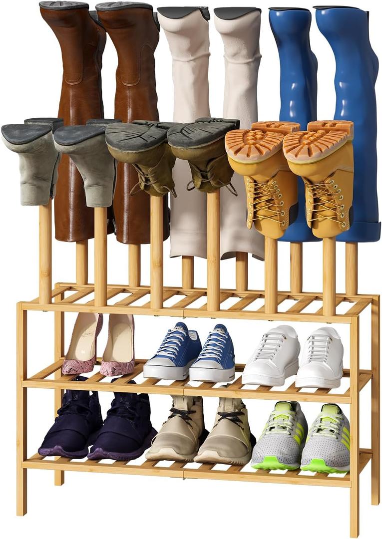 Boot Rack with Shoe Rack, Boot Rack Organizer Tall Boots for Closet, Bamboo Wood Shoe Shelf Storage Organizer for Entryway Small Space (Large, Natural)