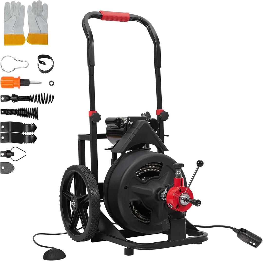 Auto Feed 100 FT1/2" Electric Drain Cleaner Machine, Drain Auger Includes 6 Cutters & Gloves, Suitable for 1 to 4 Pipes, Auto Feed Electric Sewer Snake Auger for Various Scenarios