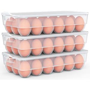 Clear Covered Egg Holder 3-Pack, Plastic Egg Storage for Refrigerator, Egg Tray Container with Lid, Fits 18 Eggs