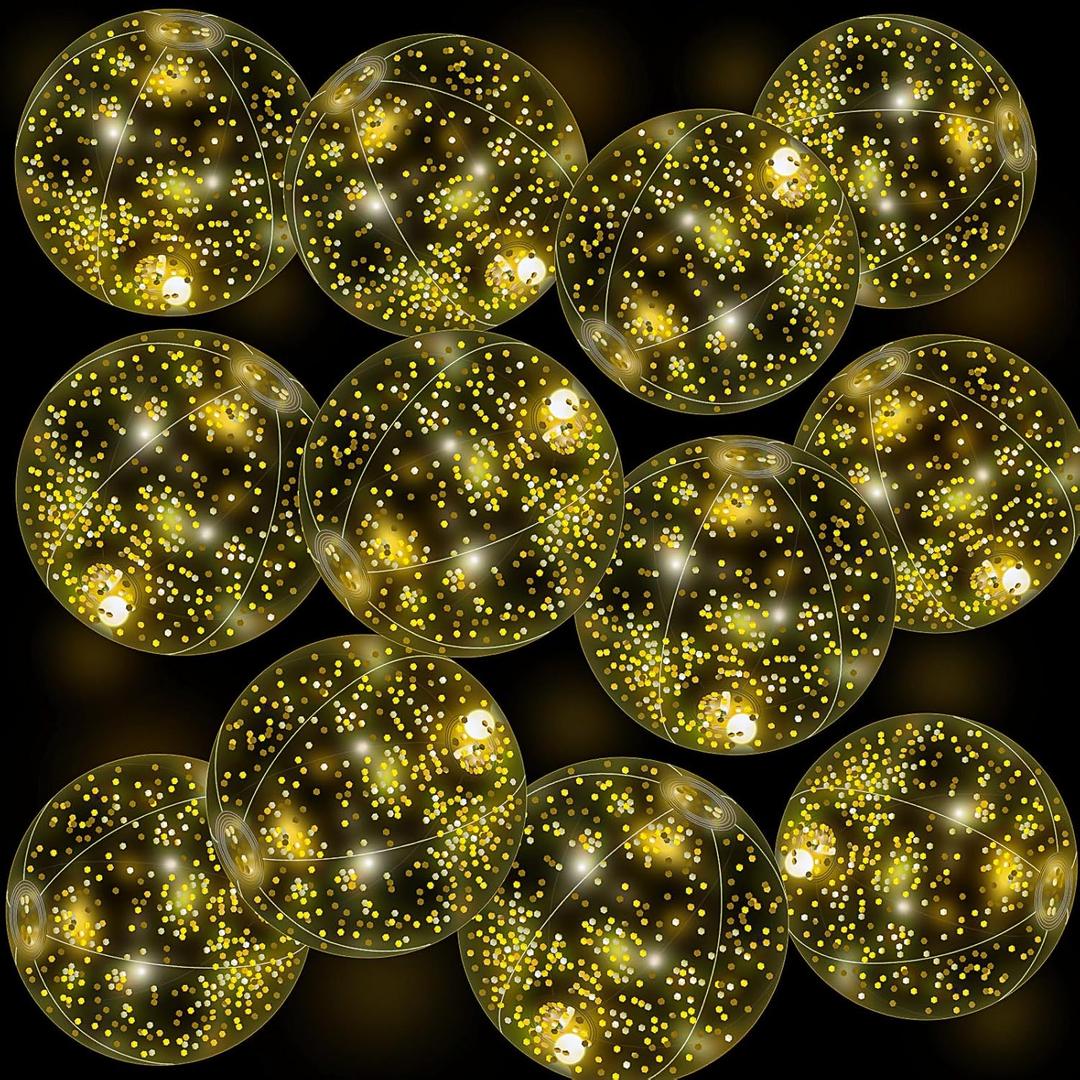 12 Pack 12 Inch Glow in The Dark LED Beach Ball Jumbo Confetti Glitters Inflatable Ball Swimming Pool for Party Pool Summer(Gold)