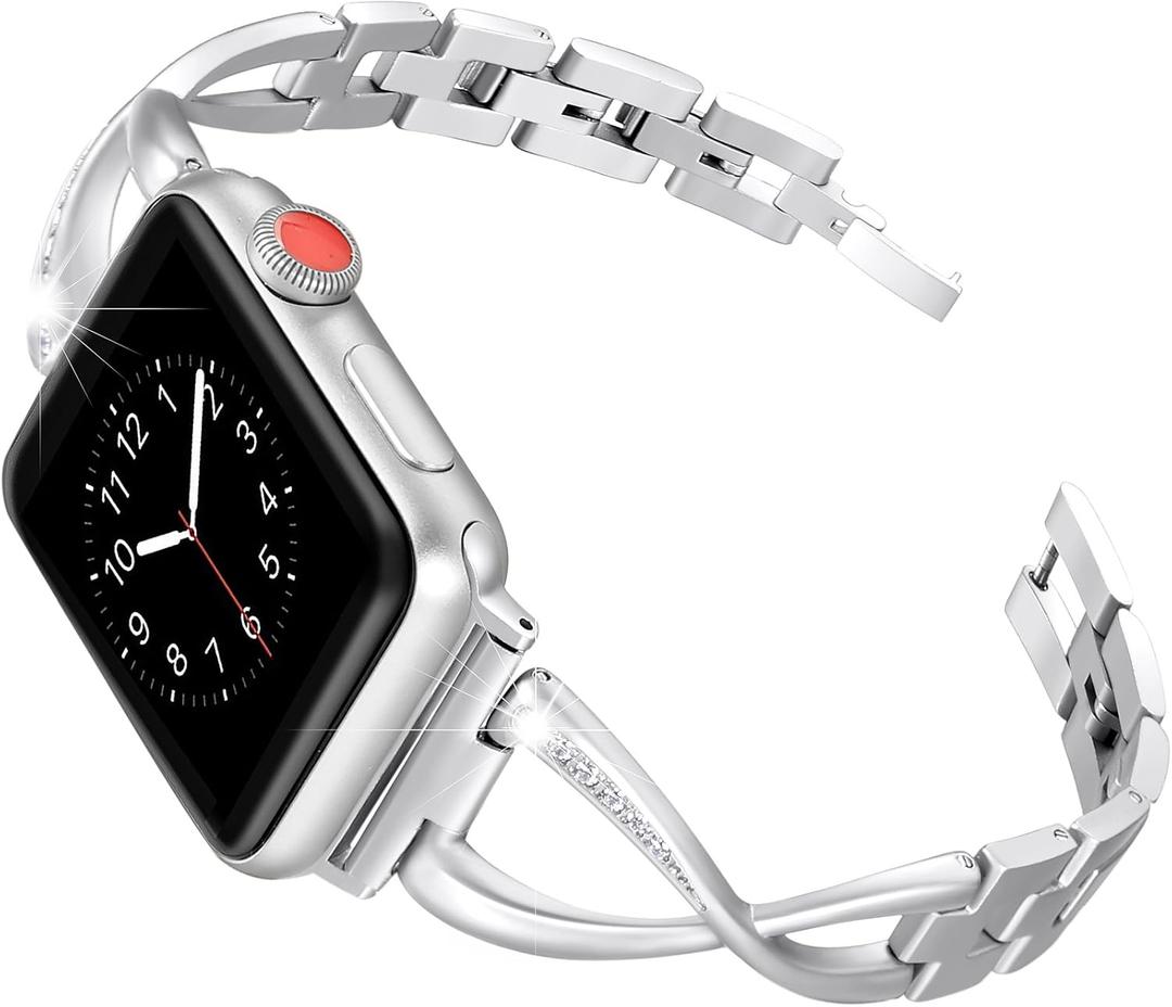 Secbolt Bands Compatible with Apple Watch Band 42mm(Series 3) 44mm 45mm 46mm 49mm Iwatch SE Series 11/ 10/ 9/ 8/ 7/ 6/ 5/ 4/ 3/ 2/ 1 Women Dressy Jewelry Metal Accessories Wristband Strap, Silver