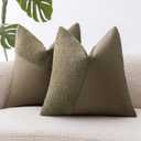 Boucle Throw Pillow Covers 20"x20" Set of 2, Moss Green Decorative Textured Cushion Covers with Faux Leather Patchwork, Boho Farmhouse Accent Pillowcases for Organic Aesthetic Home Decor