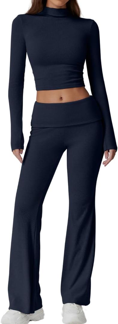 QINSEN Womens 2 Piece Lounge Sets Mock Neck Long Sleeve Tops with Side Ruched Fold Over Flare Pants Comfy Tracksuits (Medium, Navy Blue)