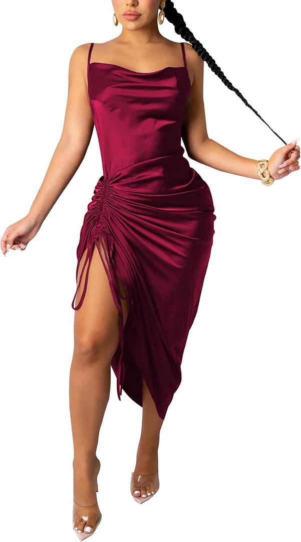 Women's Spaghetti Strap Satin Dress Sexy Backless Drawstring Ruched Split Hem Cocktail Evening Party Wine M