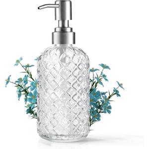 14 Oz Refillable Glass Soap Dispenser with Rust Proof Stainless Steel Pump, for Dispense Hand soap, Body wash, Lotion (Clear)