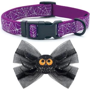 azuza Halloween Dog Collars with Bow Cute Sequined Spider Purple Dog Collar with Lace Bow tie Gifts on Halloween for Small Dogs (S - Neck:11-16 inch)