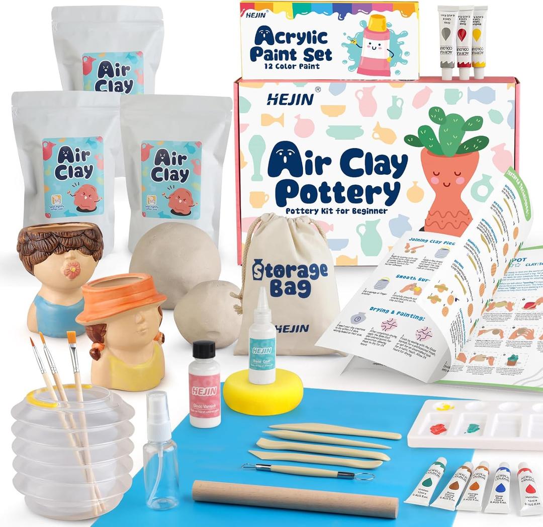 Air Dry Clay Kit for Adults, 3.3Lbs + 30PCS Pottery Craft Kit for Beginners, Sculpting Tools Set & Step-by-Step Guide, 12 Paints, Paintbrush, Varnish, and more - Crafts for Adults for Birthdays Gift