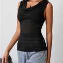 MakeMeChic Women's Y2k Cowl Neck Tank Top Sleeveless Draped Slim Fit Mesh Sheer Crop Tops Party Top (M)