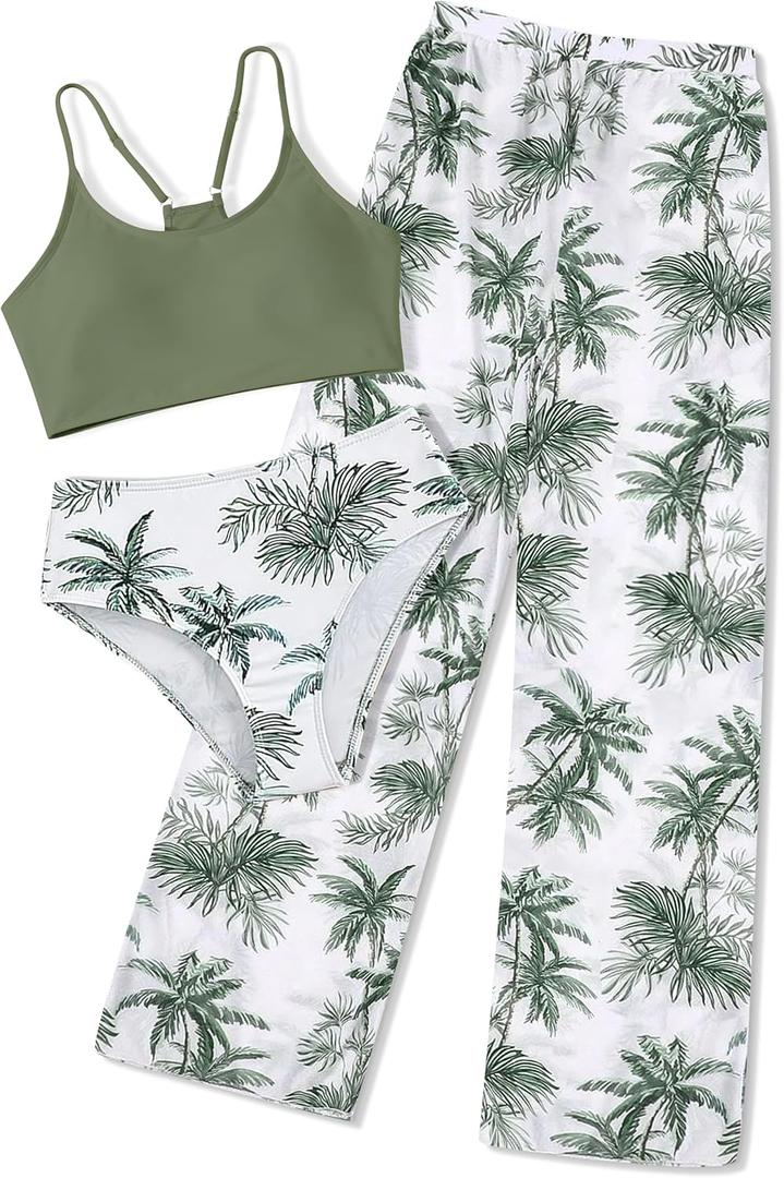 NECIOUS Girls Swimsuit, 3 Piece Bikini Bathing Suit Tropical Floral Swimwear with Cover Up Pants (11-12 Years, Green)