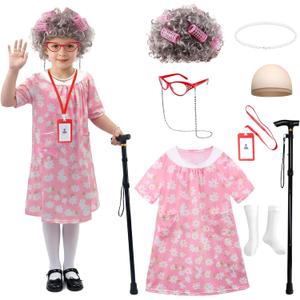 Old Lady Costume for Kids with Wig and Accessories Grandma Outfit 100 Days of School Costume for Girls (Medium, Pink)