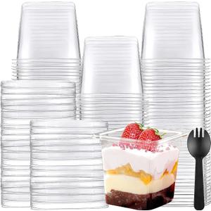 Nuogo 100 Pack 12 oz Plastic Dessert Parfait Cups with Lids Fruit Appetizer Cups with 100 Packs Sporks Square Clear Appetizer Containers Bowls Disposable for Pudding Cake Mousse