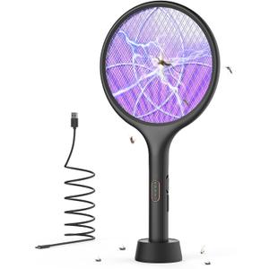 YISSVIC Electric Fly Swatter 4000V Bug Zapper Racket Dual Modes Mosquito Killer with Purple Mosquito Light Rechargeable for Indoor Home Office Backyard Patio Camping, Black, 1 Pack