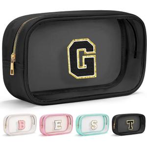 YOOLIFE Travel Clear Makeup Bag Toiletry Bag, Make up Bag Waterproof Toiletry Bags for Women Cosmetic Bag Birthday Gifts for Women Personalized Mother Girlfriend Wife Bridesmaid Gifts Black Letter G