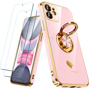 Compatible for iPhone 11 Case with 2 Pack Screen Protector, 360 Rotatable Ring Holder [Luxury Hearts Pattern] Plating Gold Edge Slim Soft Phone Cover Case for iPhone 11 - Girl Pink