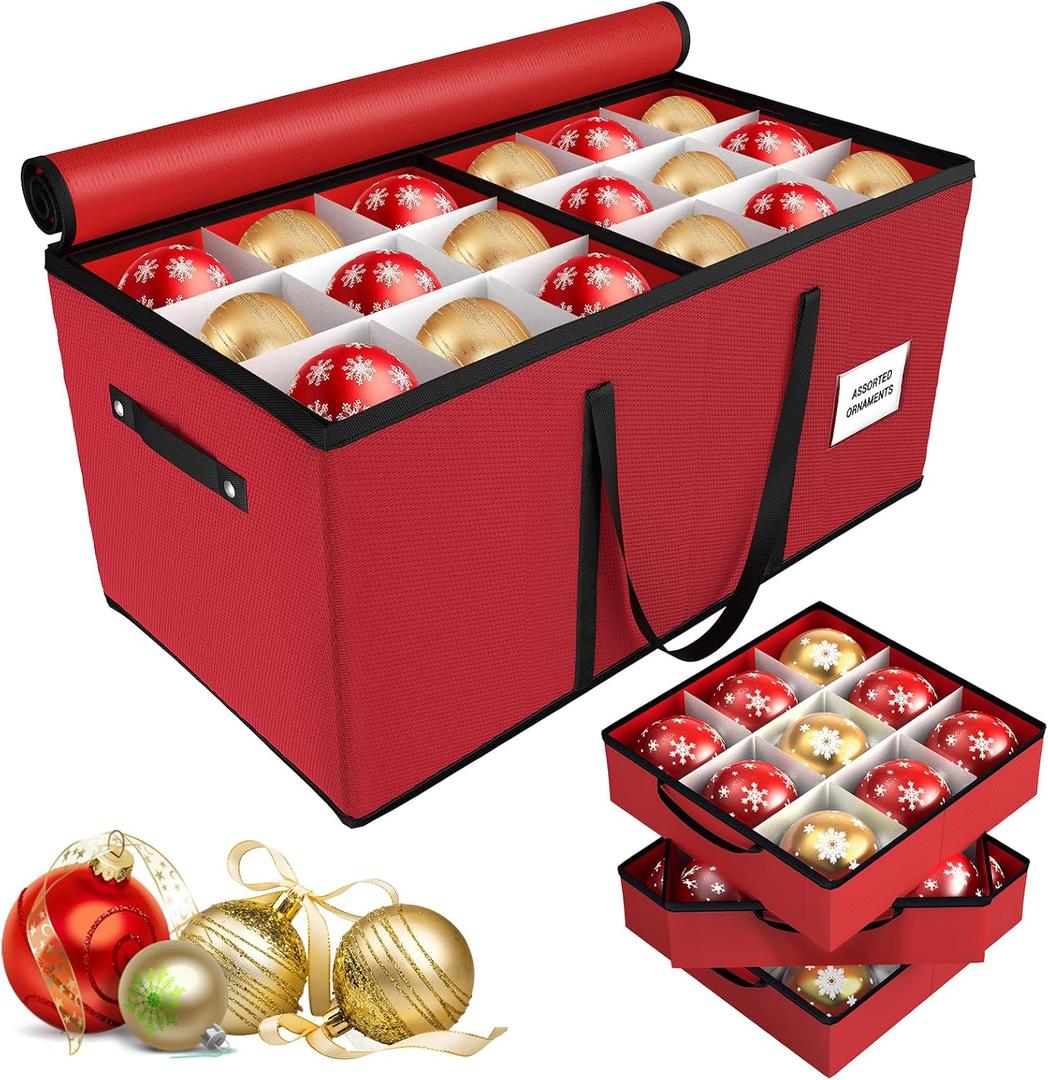 Christmas Ornament Storage Box, Stores 54-4" Large Ornaments with Individual Trays, Ornament Organizer Storage Box, Durable 600D Oxford Material, Extra Pockets, Dual Zipper - Red