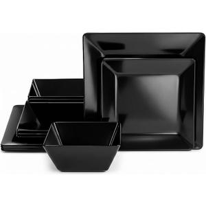 TP 12-Piece Melamine Dinnerware Sets, Plates and Bowls Dishes Set for 4, Break-Resistant & Non-Microwavable, Lightweight Square Dinner Plates, Black