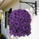 4pcs Artificial Flowers for Outdoors Fake Pansy with Hanging Basket UV Resistant Silk Spring Faux Flowers for Outside Front Door Porch Yard (Dark Purple)