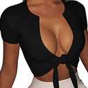 BORIFLORS Women's Sexy Tie Up Crop Top Short Sleeve Deep V Neck Casual Basic T Shirt, XL
