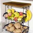 3-Tier Fruit Basket for Kitchen Counter with Banana Hangers, Countertop Organizer Fruit Bowls with Wood Top, Fruit Storage Basket Stand for Storage Potato Onion Bread Snack Fruit Veggie