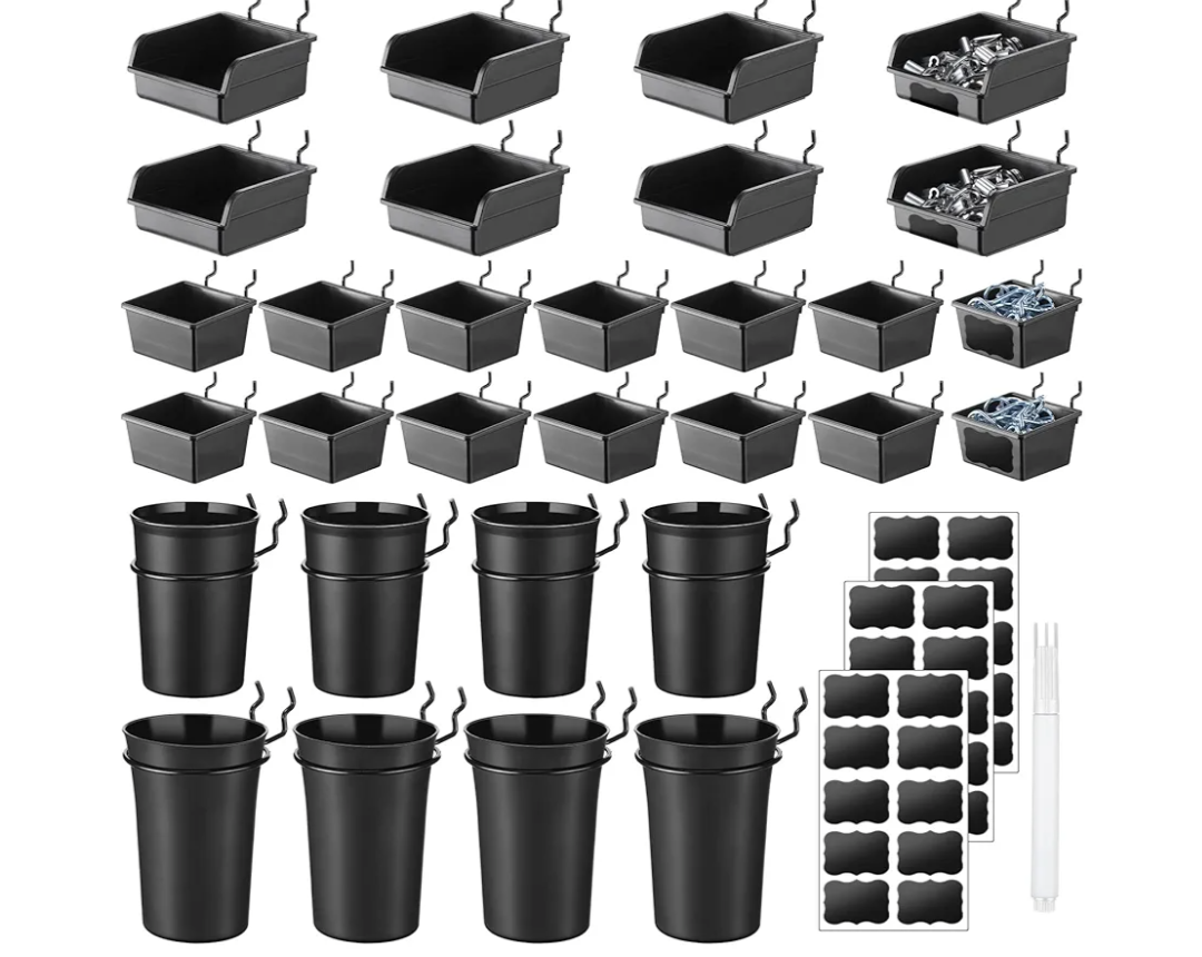 64 Pieces Pegboard Bins Pegboard Cups with Hooks and Loops Peg Hooks Assortment Organizer Accessory for Organizing Accessories Tools Storage Office Workshop Garage Workbench (Black)