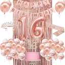 Sweet 16 Party Decorations for Girls, Happy 16th Birthday Banner Cake Topper Balloons Sash and Tiara, Rose Gold 16 Birthday Party Supplies for Girls