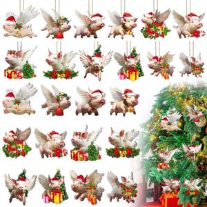Soaoo 48 Pcs Christmas Flying Pig Ornaments Wooden Pig for Xmas Tree Wood Animal Hanging Decor Holiday Party Decoration