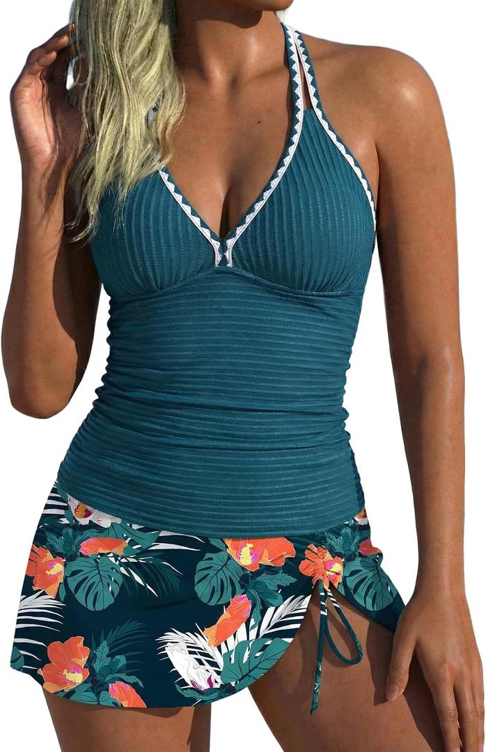 2 Piece Tankini Swimsuits for Women V Neck Tankini Top Skirt Bottom Tummy Control Bathing Suit Swimwear (L)