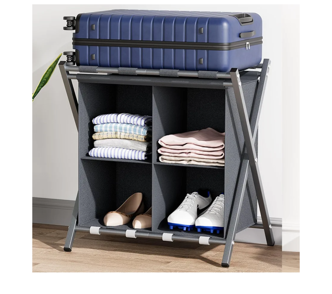 aboxoo Luggage Rack with storage, Guest Room Folding Suitcase Stands, Holds up to 120 lb, Space Saving Suitcase Holders for guest room, Bedroom Hotel, Grey