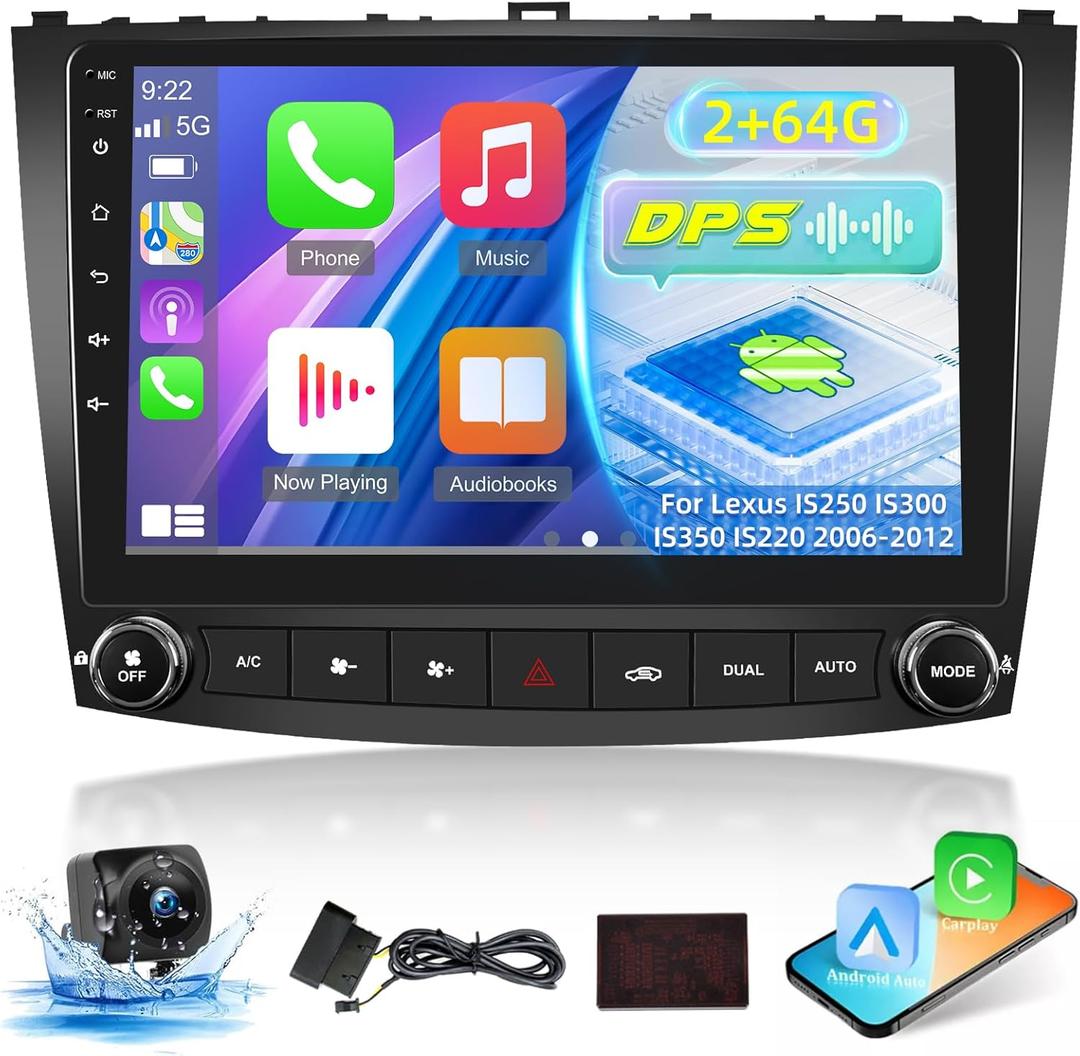 [2+64G] New Android Radio for Lexus IS250 IS300 IS350 IS220 2006-2012 - 10.1 inch Touchscreen DSP Audio with Wireless Carplay and Android Auto, WiFi, GPS, Multiple UI, SWC + AHD Backup Camera + OBD